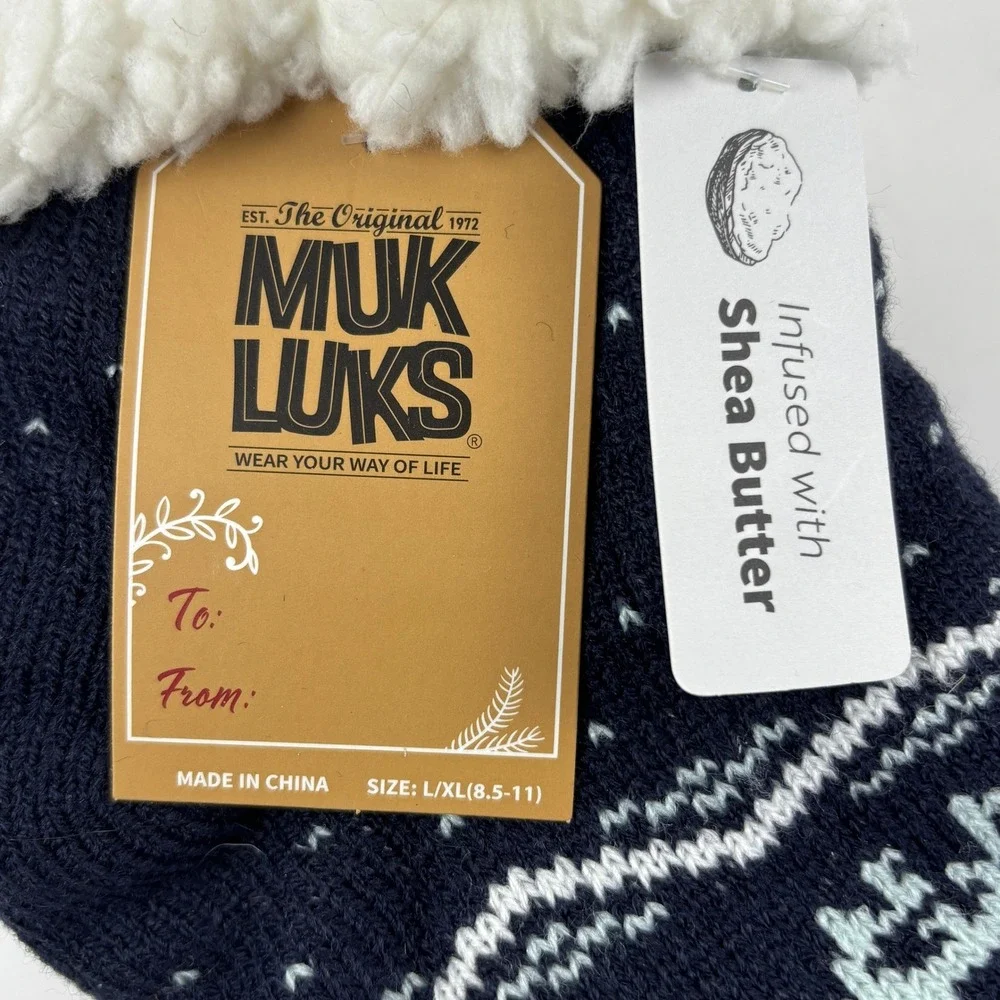 New Muk Luks Slipper Socks Womens L/XL Navy Blue Reindeer‎ Sherpa Cabin Socks